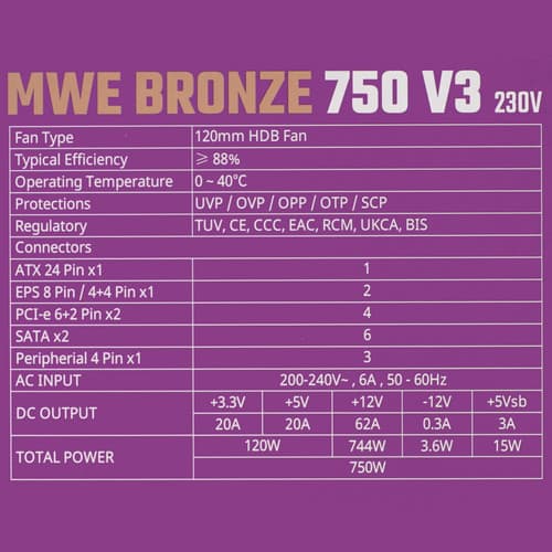 Блок питания Cooler Master MWE Bronze 750 V3 230V [MPE-7501-ACABW-3BEU] черный thumb 6