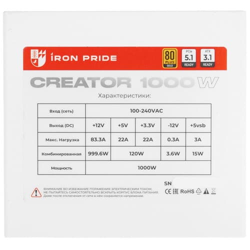 Блок питания Iron Pride Creator 1000W [УФ-20250035] белый thumb 4