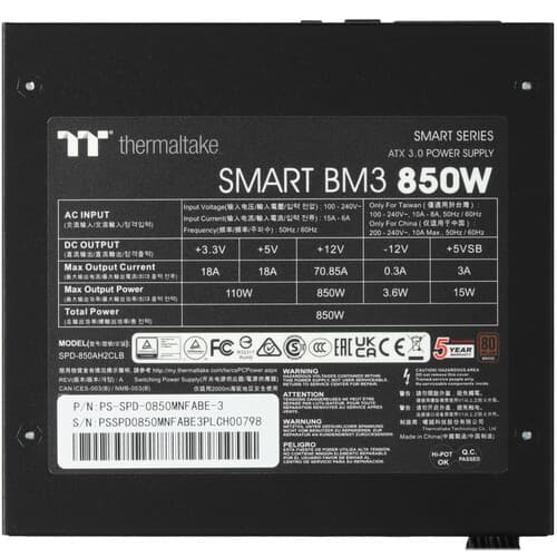 Блок питания Thermaltake Smart BM3 850W - TT Premium Edition [PS-SPD-0850MNFABE-3] черный thumb 4