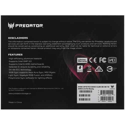 Acer Оперативная память Acer Predator Hermes RGB [Bl.9BWWR.660] 48 ГБ, фото 4