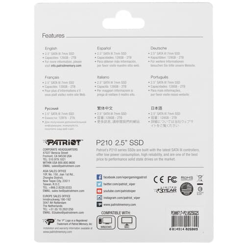 Patriot Memory 256 ГБ 2.5" SATA накопитель Patriot Memory P210 [P210S256G25], фото 4
