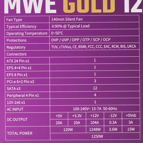 Блок питания CoolerMaster MWE Gold 1250 V2 [MPE-C501-AFCAG-3EEU] черный thumb 7