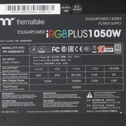 Блок питания Thermaltake Toughpower iRGB PLUS 1050W [PS-TPI-1050F2FDPx-1] черный thumb 6